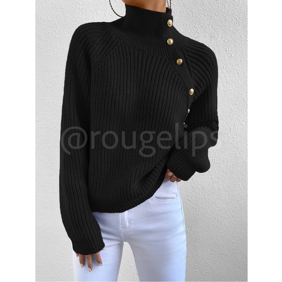 Black Cable Knit Turtleneck Pullover Sweater Asymmetrical Buttons Long Sleeve - Picture 6 of 7